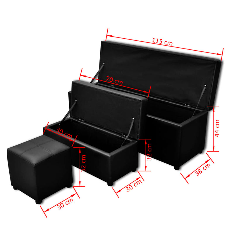 Black Artificial Leather Storage Bench Set Footrest 3 pcs