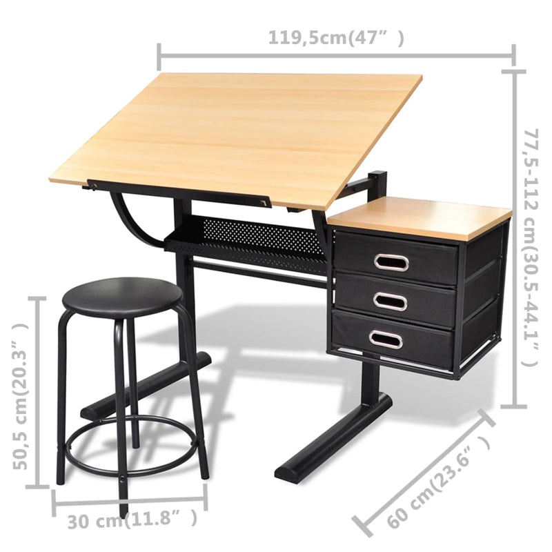 vidaXL Three Drawers Drawing Table with Stool