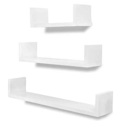 3 Black MDF U-shaped Floating Wall Display Shelves Book/DVD Storage