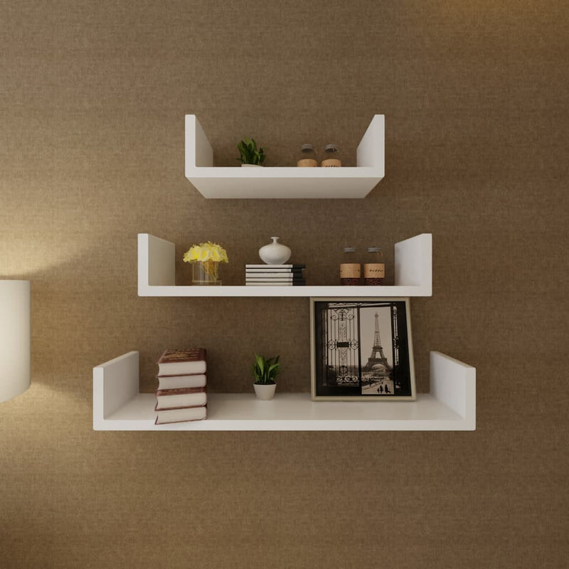 3 Black MDF U-shaped Floating Wall Display Shelves Book/DVD Storage