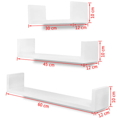 3 Black MDF U-shaped Floating Wall Display Shelves Book/DVD Storage