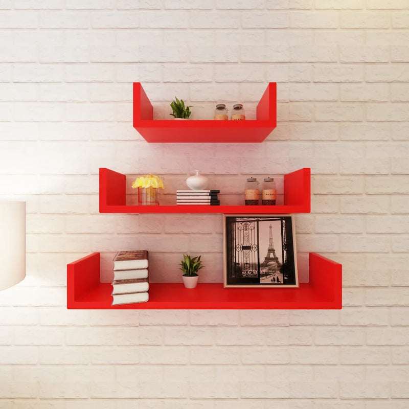 3 Black MDF U-shaped Floating Wall Display Shelves Book/DVD Storage