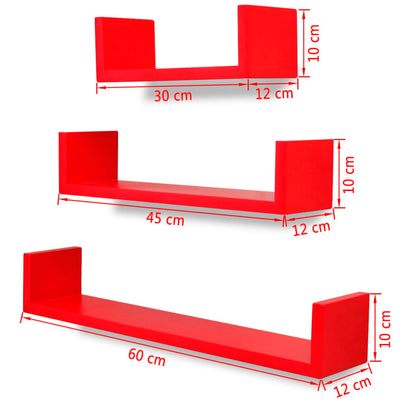 3 Black MDF U-shaped Floating Wall Display Shelves Book/DVD Storage
