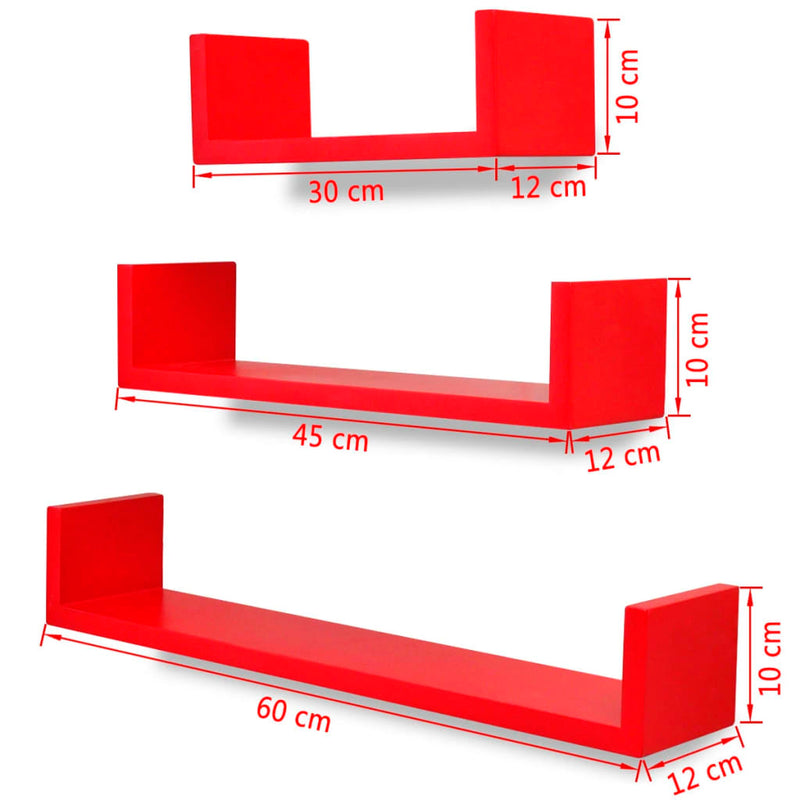 3 Black MDF U-shaped Floating Wall Display Shelves Book/DVD Storage