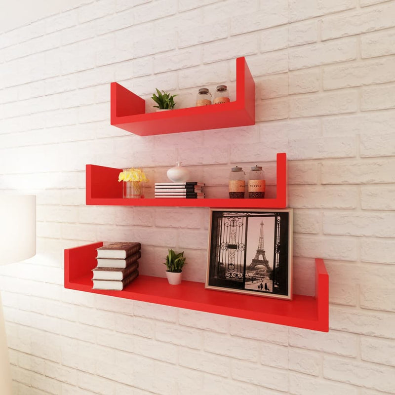 3 Black MDF U-shaped Floating Wall Display Shelves Book/DVD Storage