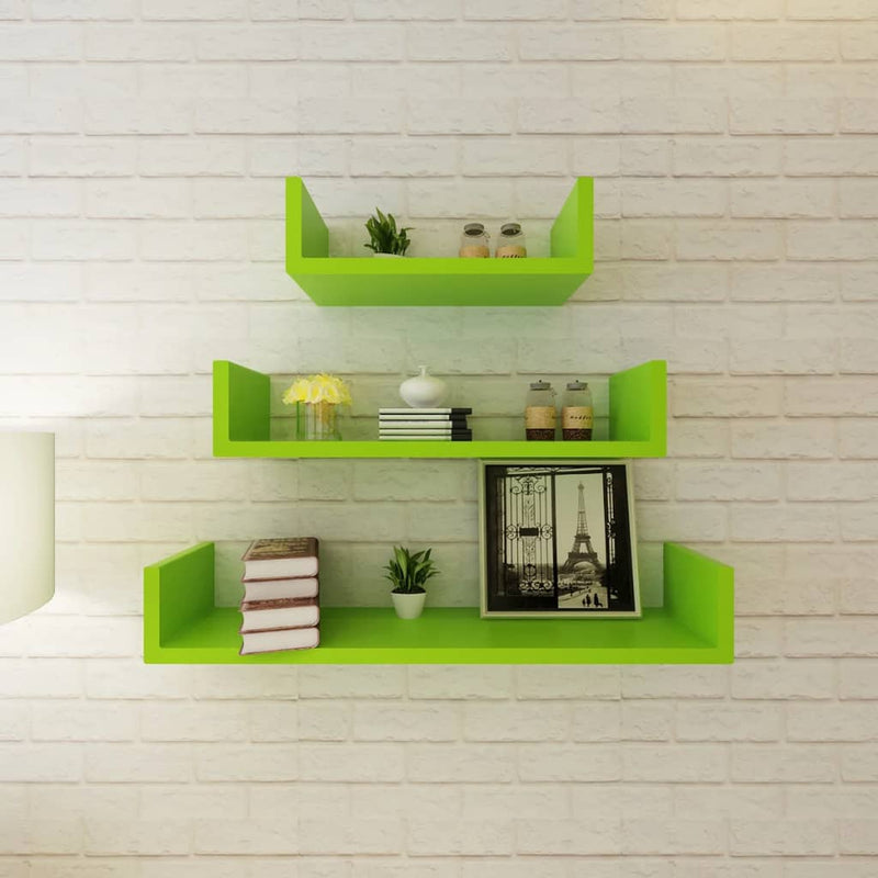 3 Black MDF U-shaped Floating Wall Display Shelves Book/DVD Storage