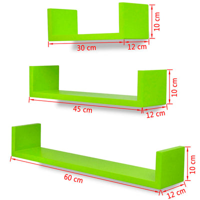 3 Black MDF U-shaped Floating Wall Display Shelves Book/DVD Storage