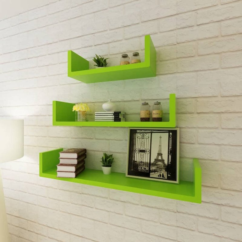 3 Black MDF U-shaped Floating Wall Display Shelves Book/DVD Storage