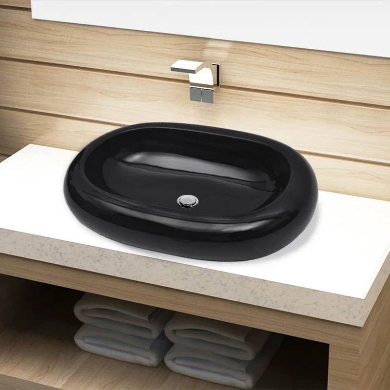 vidaXL Ceramic Bathroom Sink Basin Black Oval