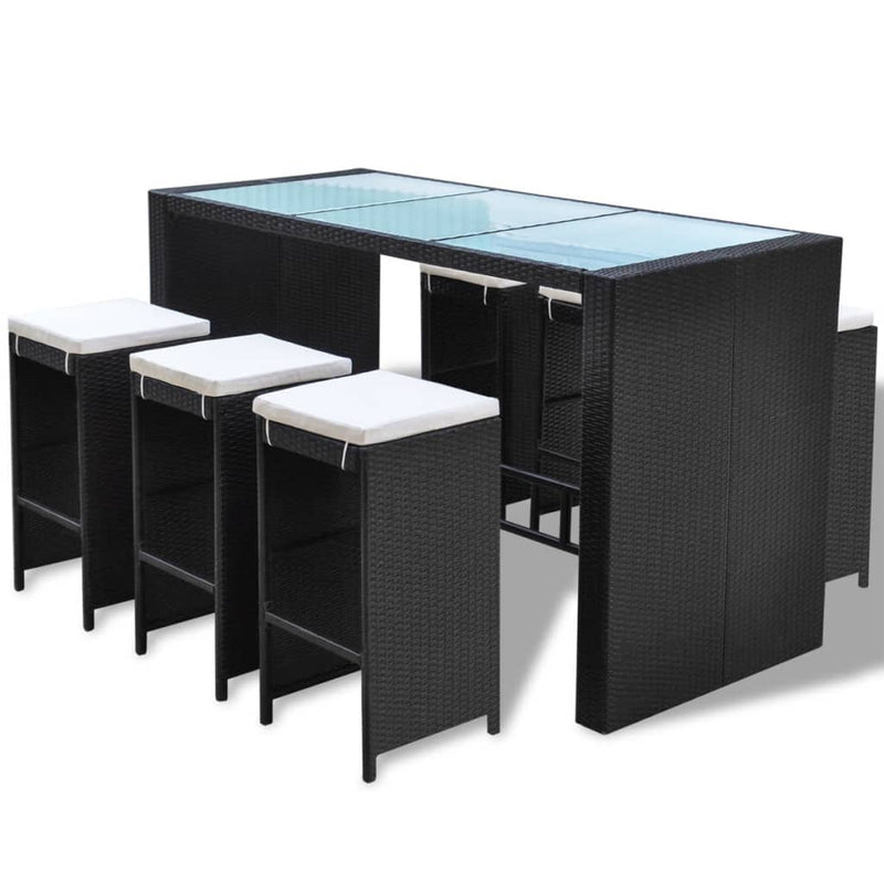 vidaXL 7 Piece Garden Bar Set with Cushions Poly Rattan Black