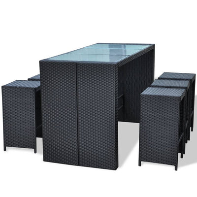 vidaXL 7 Piece Garden Bar Set with Cushions Poly Rattan Black