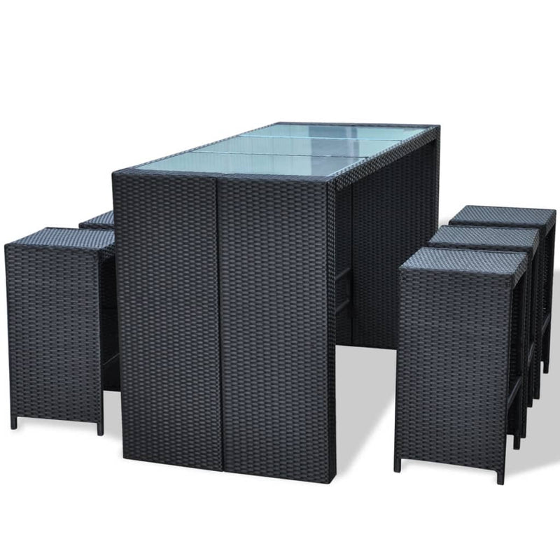 vidaXL 7 Piece Garden Bar Set with Cushions Poly Rattan Black