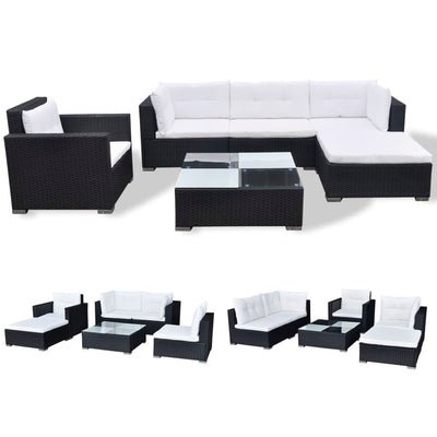 vidaXL 6 Piece Garden Lounge Set with Cushions Poly Rattan Black