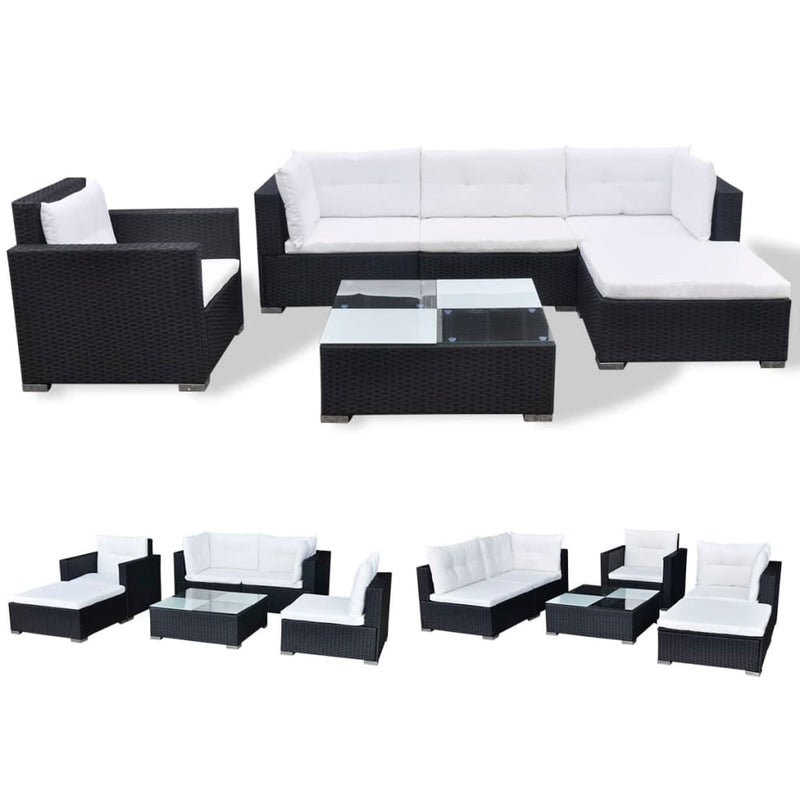 vidaXL 6 Piece Garden Lounge Set with Cushions Poly Rattan Black