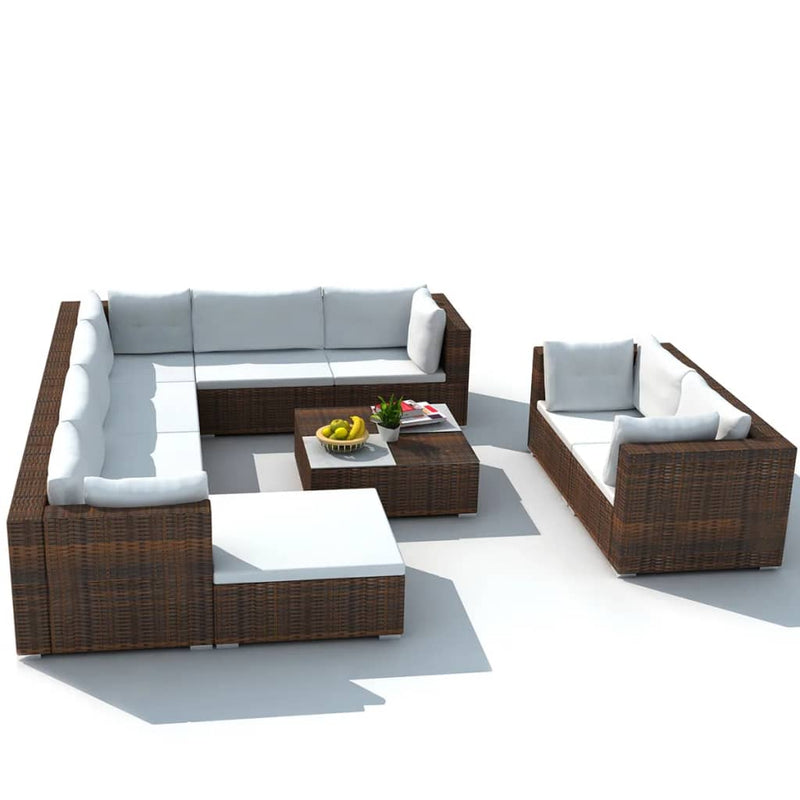 vidaXL 10 Piece Garden Lounge Set with Cushions Poly Rattan Brown
