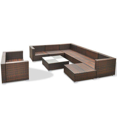 vidaXL 10 Piece Garden Lounge Set with Cushions Poly Rattan Brown