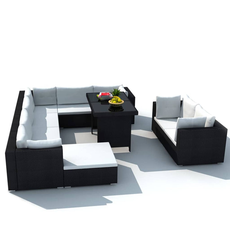 vidaXL 10 Piece Garden Lounge Set with Cushions Poly Rattan Black