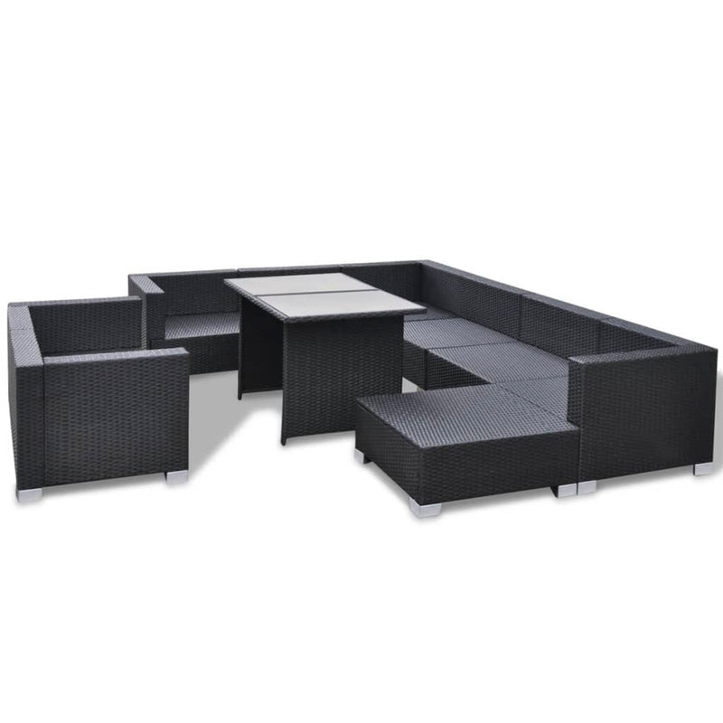 vidaXL 10 Piece Garden Lounge Set with Cushions Poly Rattan Black