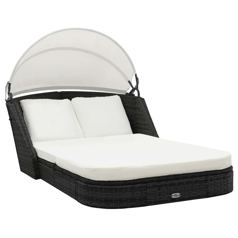 vidaXL Sun Lounger with Canopy Poly Rattan Black