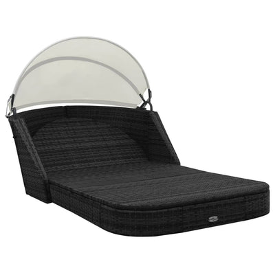 vidaXL Sun Lounger with Canopy Poly Rattan Black