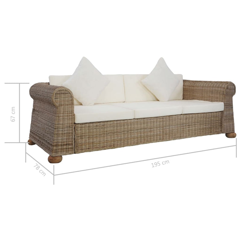 vidaXL 3-Seater Sofa with Cushions Natural Rattan