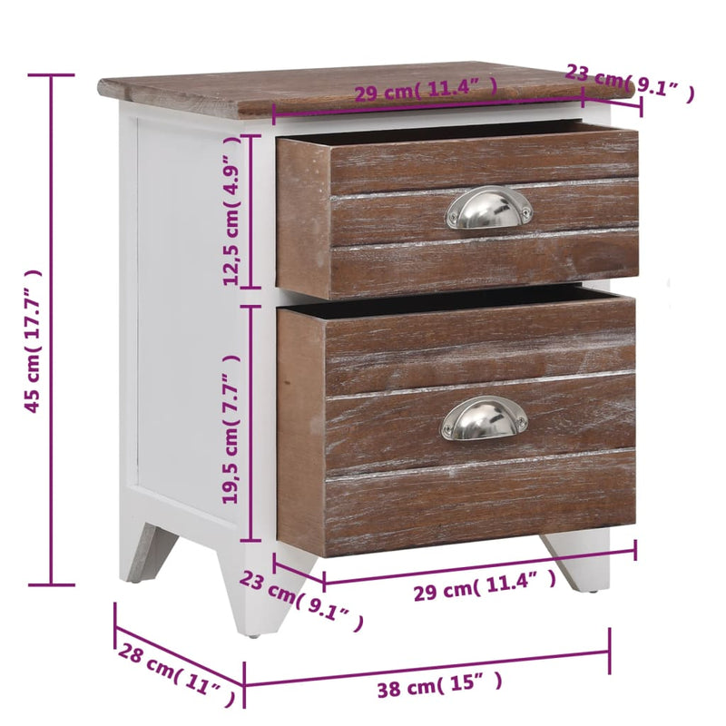 vidaXL Nightstand Brown and White 38x28x45 cm Paulownia Wood