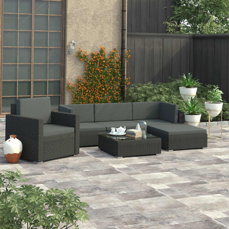 vidaXL 6 Piece Garden Lounge Set with Cushions Poly Rattan Black