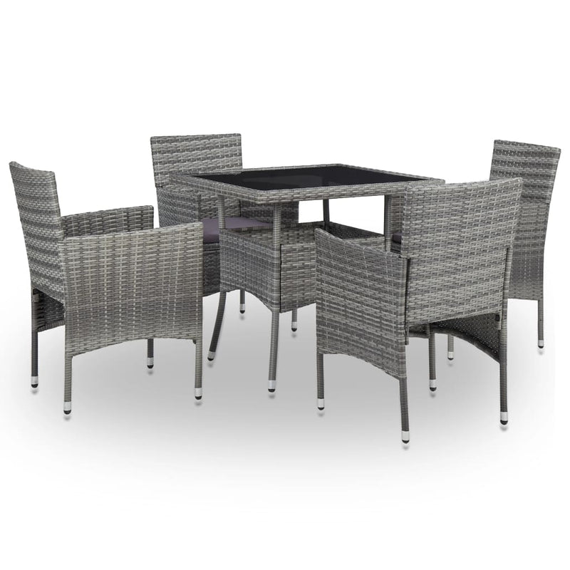 vidaXL 5 Piece Outdoor Dining Set Grey Poly Rattan and Glass