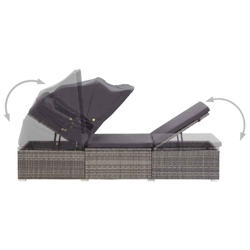 vidaXL Sun Lounger with Canopy and Cushion Poly Rattan Brown