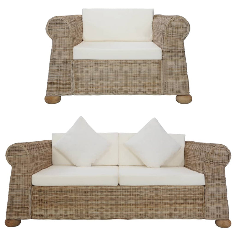 vidaXL 2 Piece Sofa Set with Cushions Brown Natural Rattan