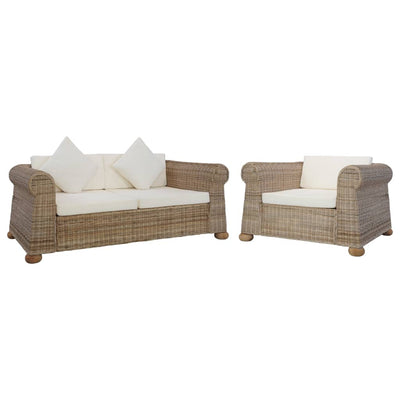 vidaXL 2 Piece Sofa Set with Cushions Brown Natural Rattan