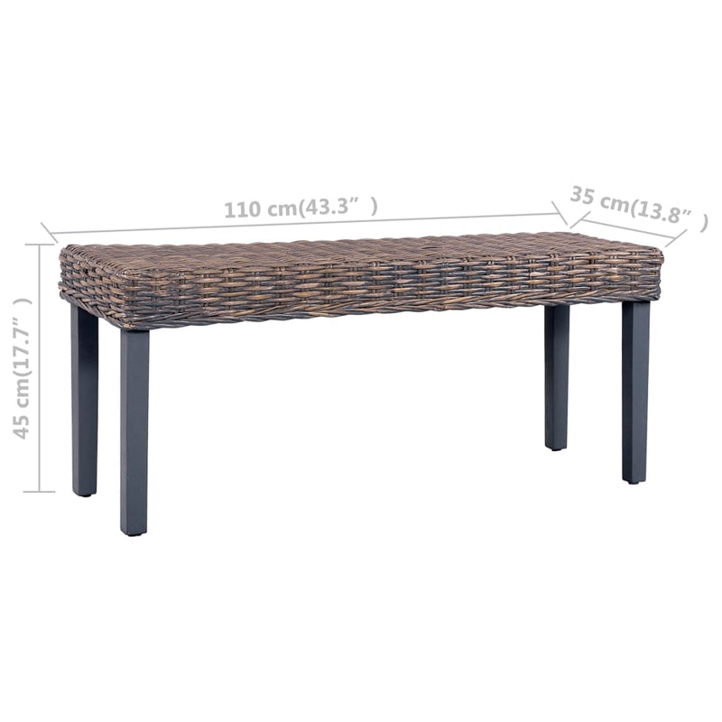 vidaXL Bench 110 cm Black Natural Kubu Rattan and Solid Mango Wood