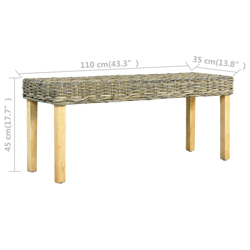 vidaXL Bench 110 cm Black Natural Kubu Rattan and Solid Mango Wood