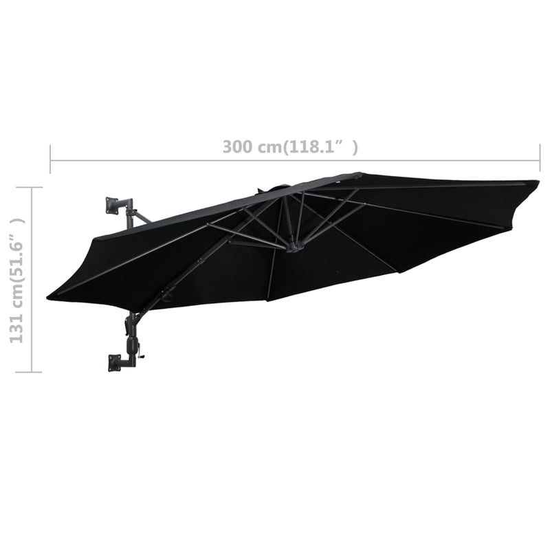 vidaXL Wall-Mounted Garden Parasol with Metal Pole 300 cm Black