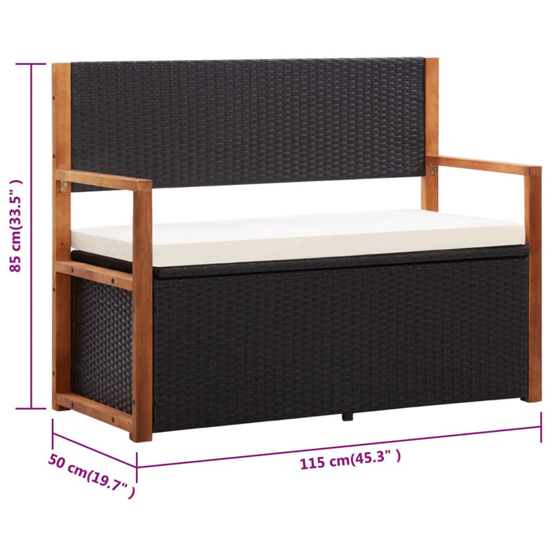 vidaXL Storage Bench 115 cm Poly Rattan and Solid Acacia Wood Black