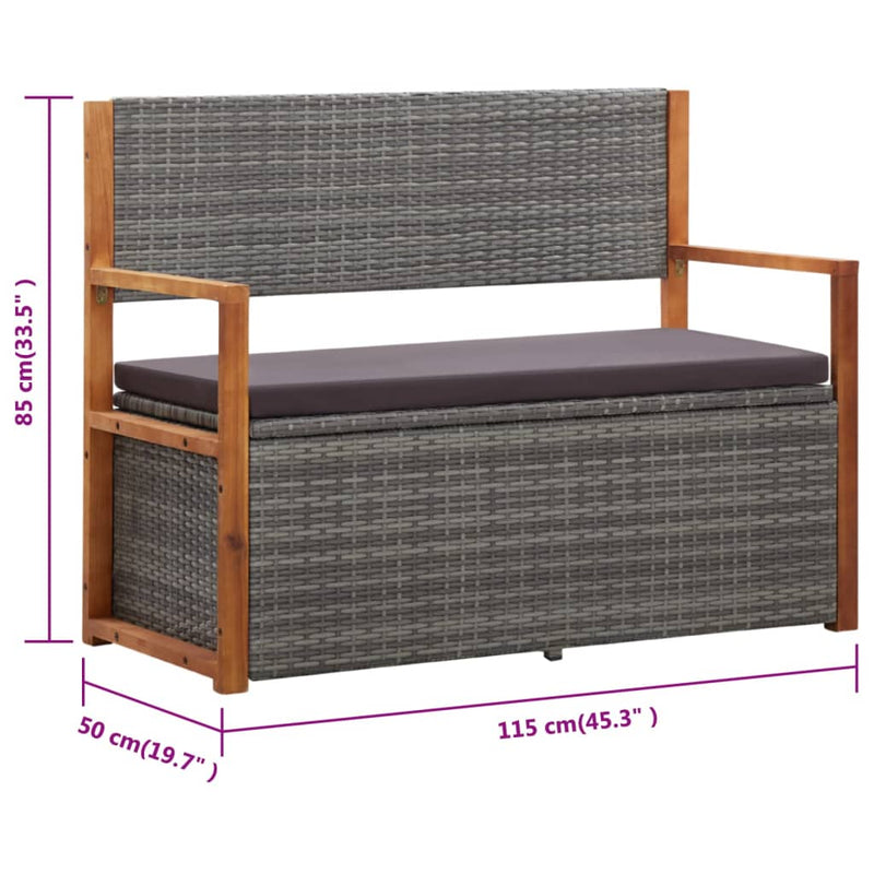 vidaXL Storage Bench 115 cm Poly Rattan and Solid Acacia Wood Grey