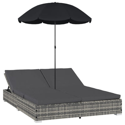 vidaXL Outdoor Lounge Bed with Umbrella Poly Rattan Grey