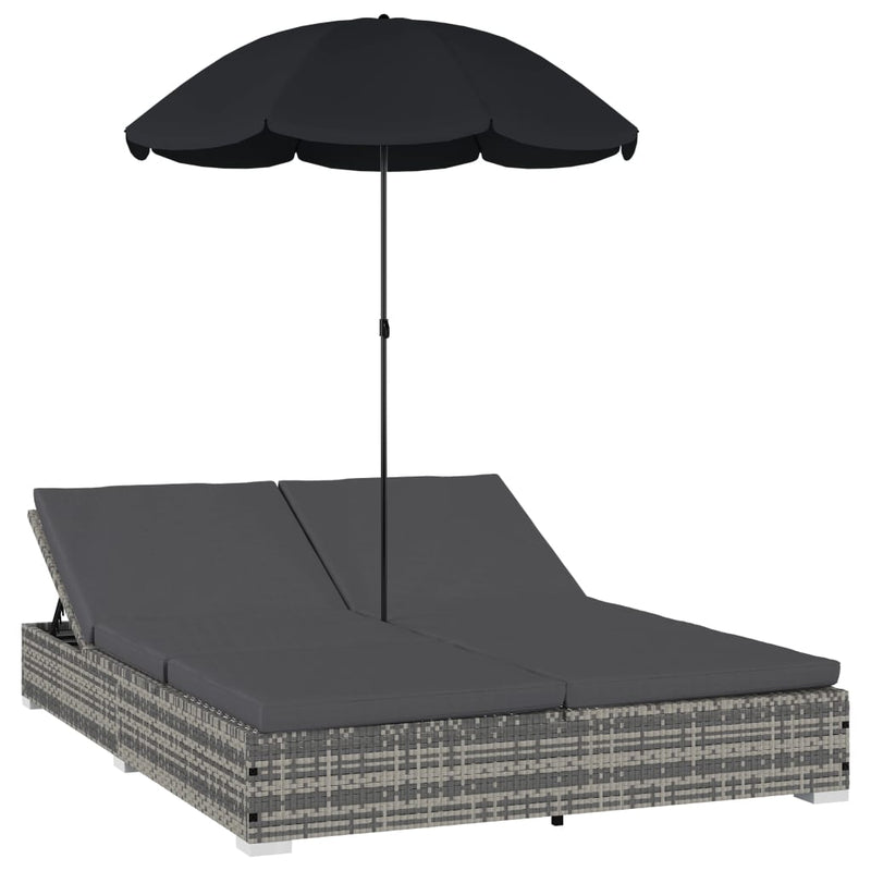 vidaXL Outdoor Lounge Bed with Umbrella Poly Rattan Grey