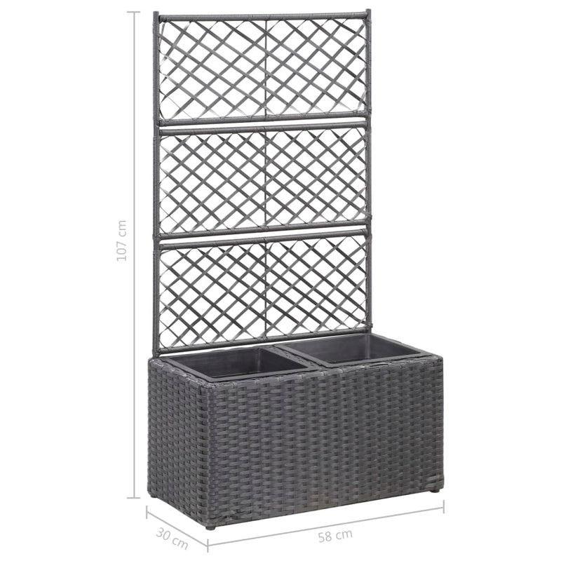 vidaXL Trellis Raised Bed with 2 Pots 58x30x107 cm Poly Rattan Black