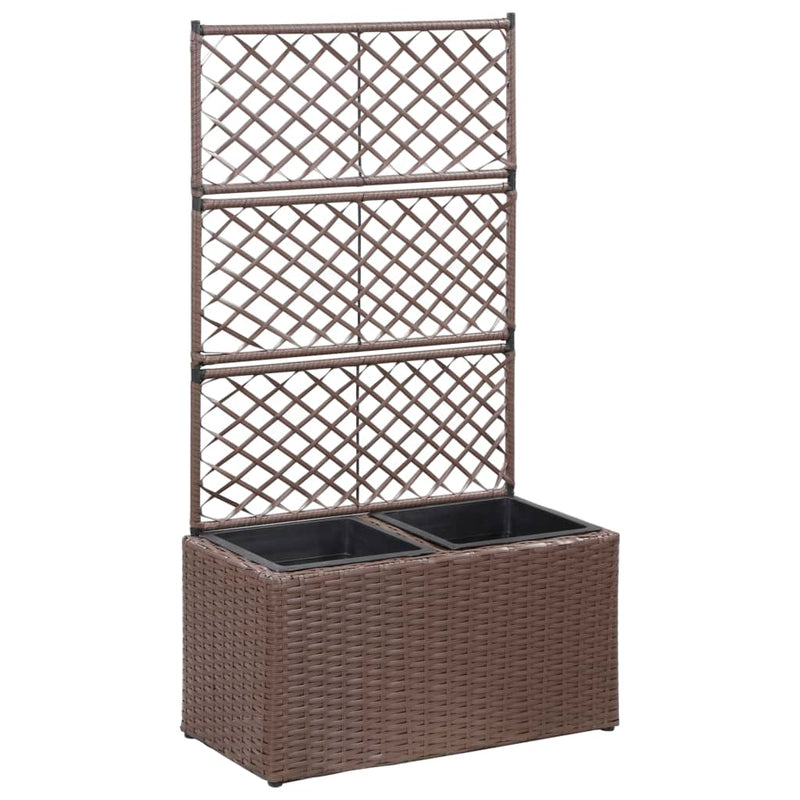 vidaXL Trellis Raised Bed with 2 Pots 58x30x107 cm Poly Rattan Brown