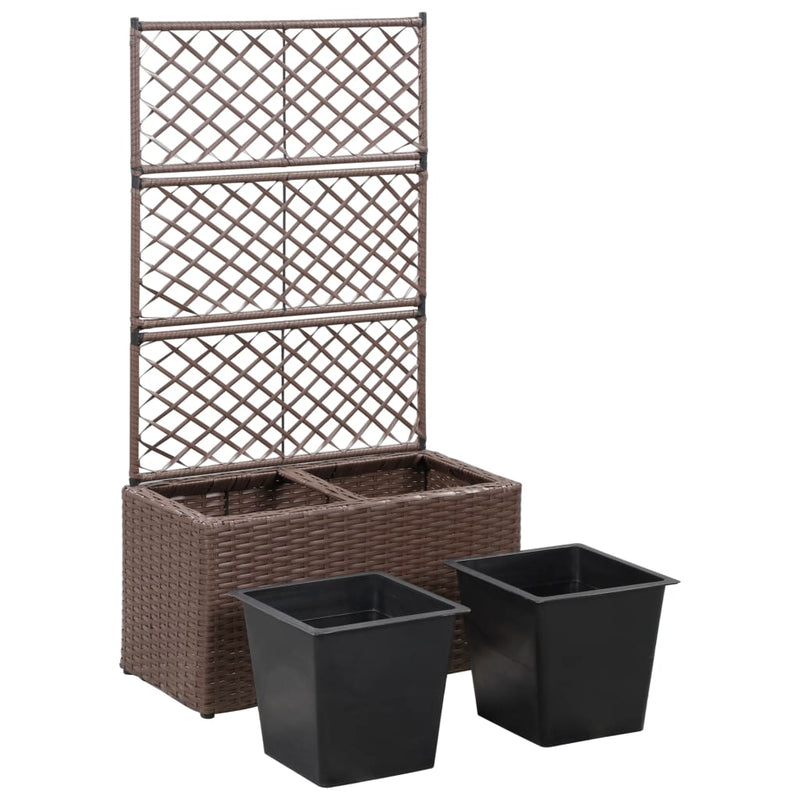 vidaXL Trellis Raised Bed with 2 Pots 58x30x107 cm Poly Rattan Brown