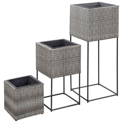 vidaXL Garden Raised Beds 3 pcs Poly Rattan Grey