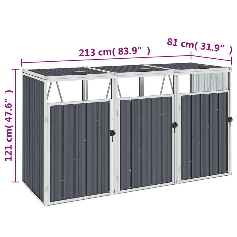 vidaXL Triple Garbage Bin Shed Grey 213x81x121 cm Steel