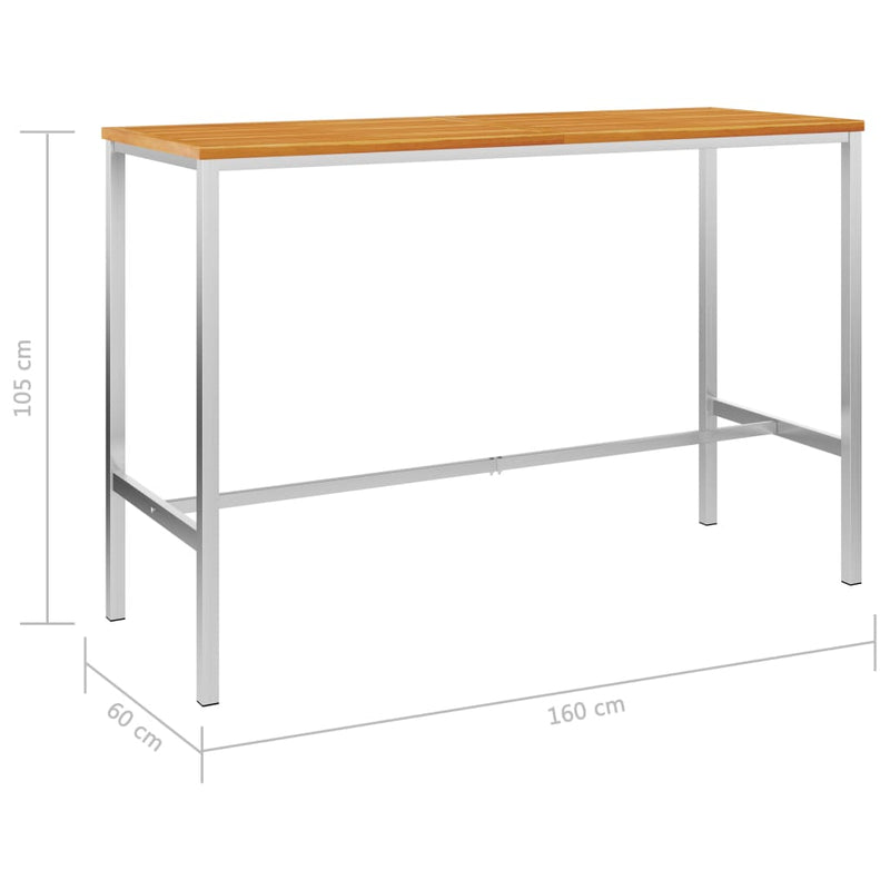vidaXL Bar Table 160x60x105 cm Solid Acacia Wood and Stainless Steel