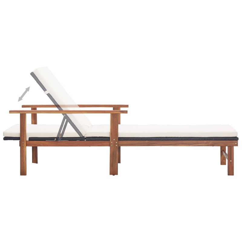 vidaXL Sun Lounger with Cushion Poly Rattan and Solid Acacia Wood Black