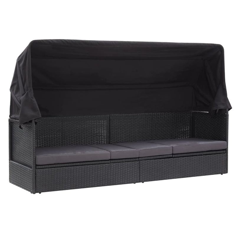 vidaXL Outdoor Sofa Bed with Canopy Poly Rattan Black