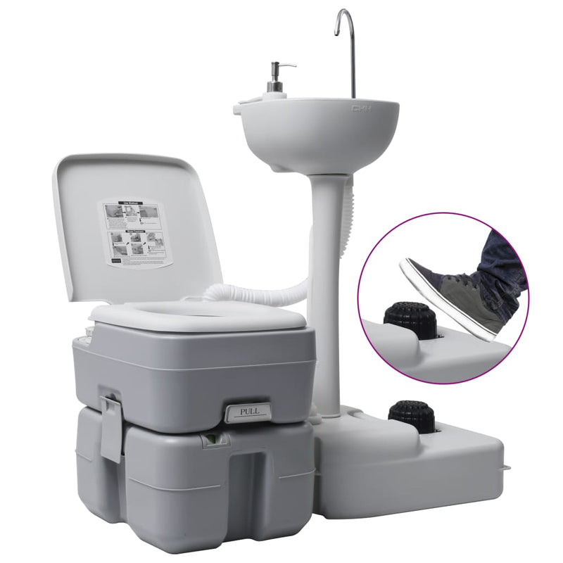 vidaXL Portable Camping Toilet and Handwash Stand Set Grey