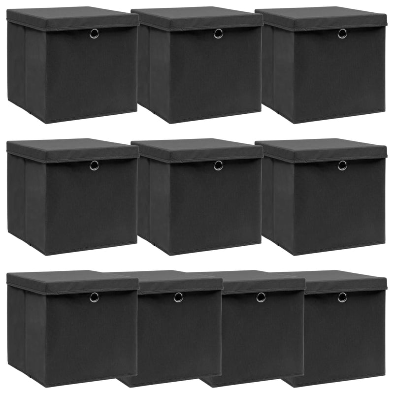 vidaXL Storage Boxes with Lids 10 pcs Black 32x32x32 cm Fabric