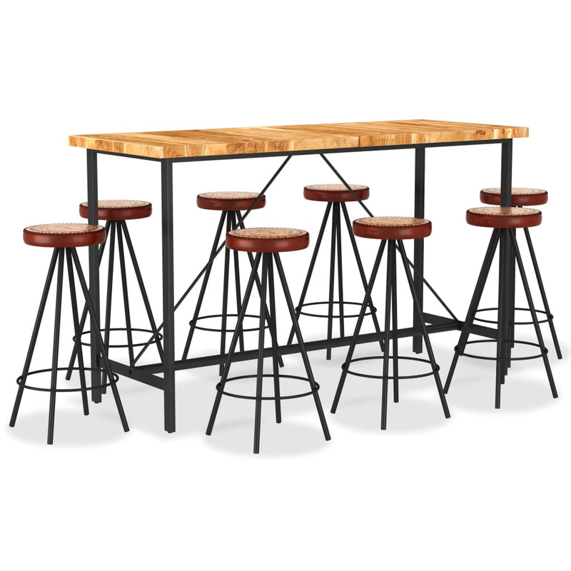 vidaXL 9 Piece Bar Set Solid Acacia Wood. Genuine Leather & Canvas