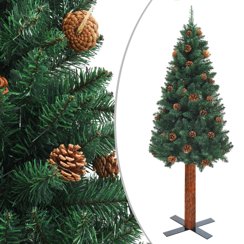 vidaXL Slim Christmas Tree with Real Wood and Cones Green 210 cm PVC